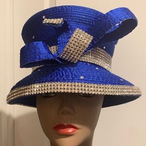 Elegant Royal Blue and Silver Hat with Rhinestone Accents